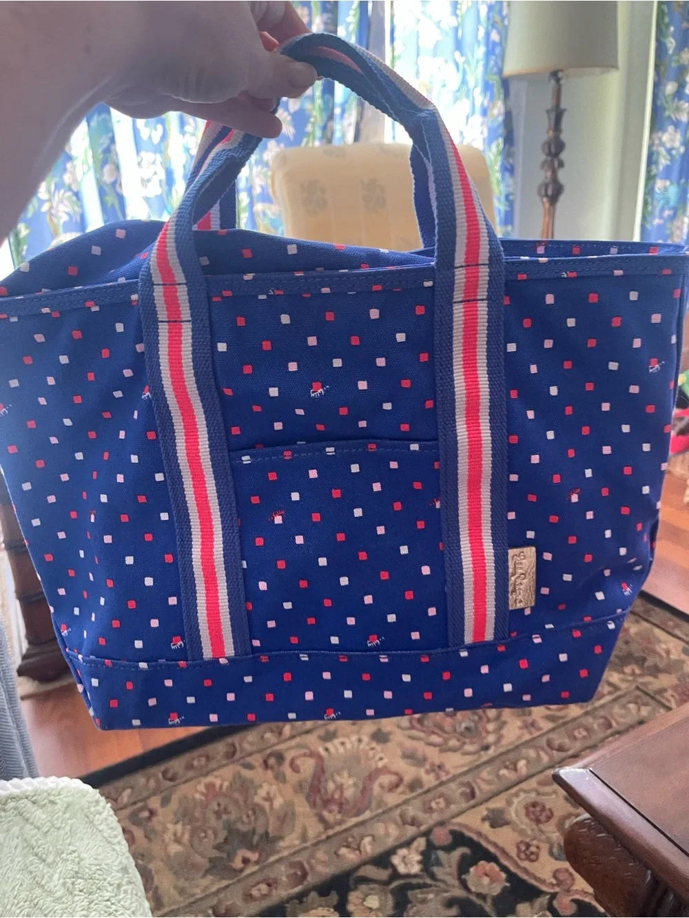 Lilly Pulitzer Blue Canvas Tote with Red and White Dot Accents